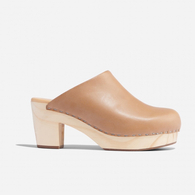 Beige Women's Nisolo All-Day Heeled Clogs | 586347-JIM