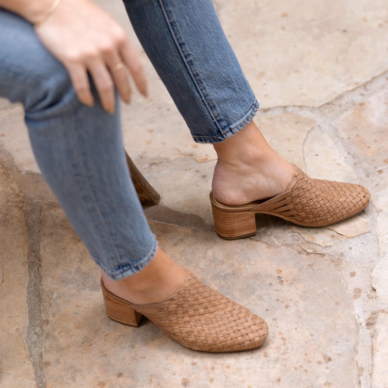 Beige Women's Nisolo All-Day Woven Heeled Mules | 249057-CAL