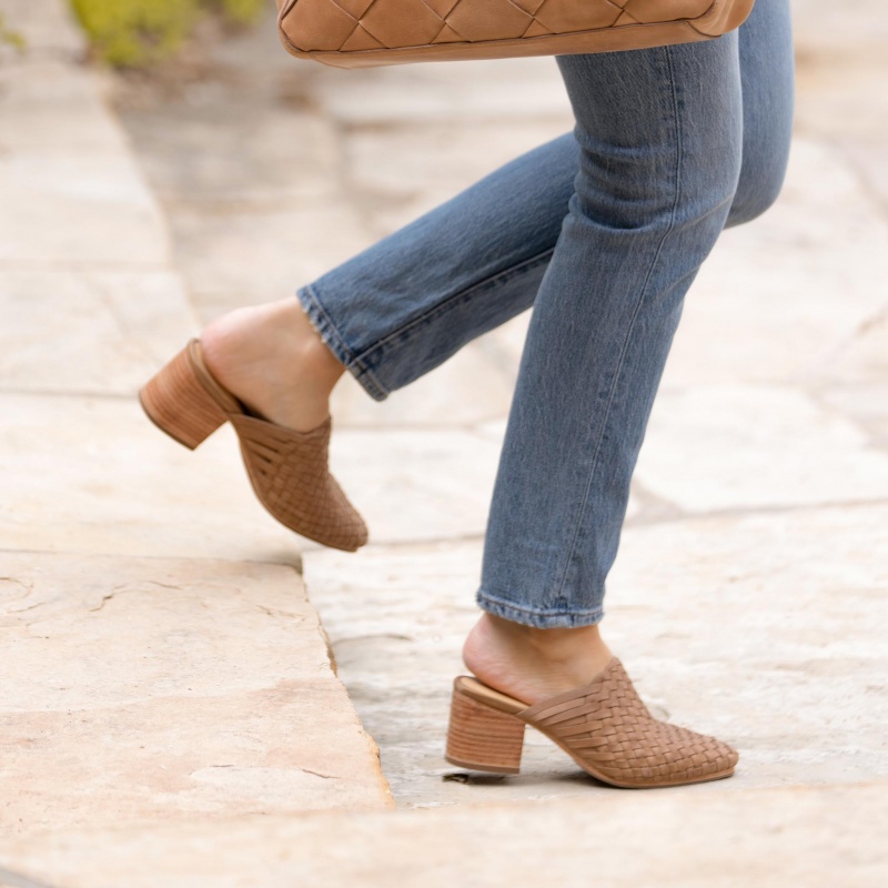 Beige Women's Nisolo All-Day Woven Heeled Mules | 249057-CAL