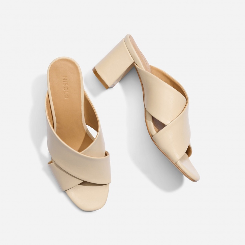 Beige Women's Nisolo Carina Cross Strap Mules | 853627-YXZ